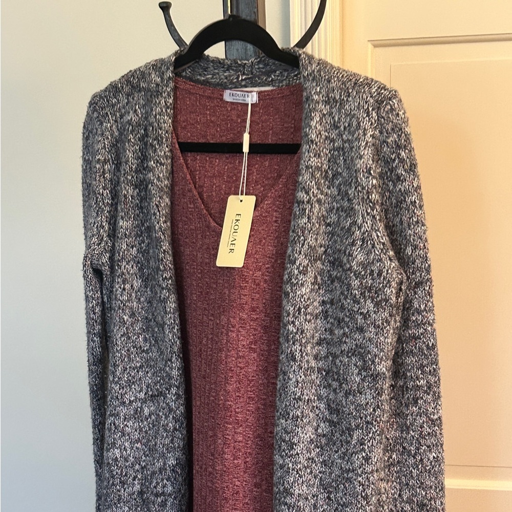LOFT Gray Open-Front Cardigan Sweater Marled Gray Burgundy White Size Small - Picture 3 of 13